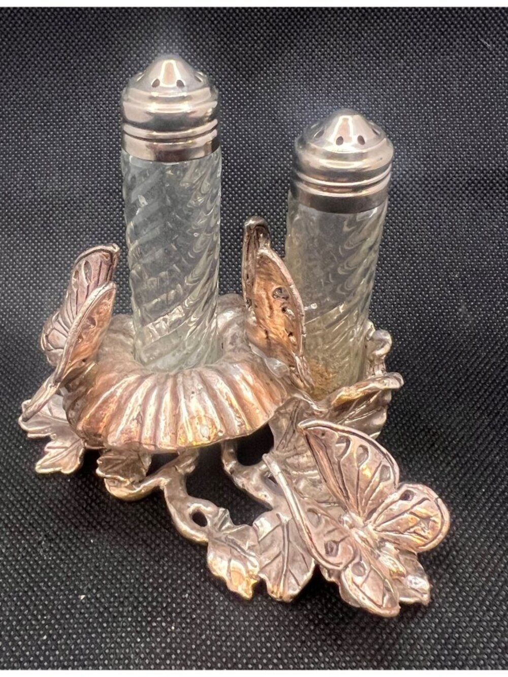 Godinger silver plate butterfly cut glass salt pepper set 2000